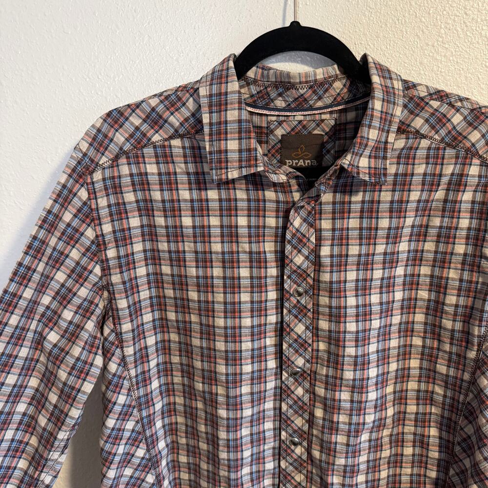 Prana Long Sleeve Brown Pearl Snap Button Down Shirt Men's Size Large